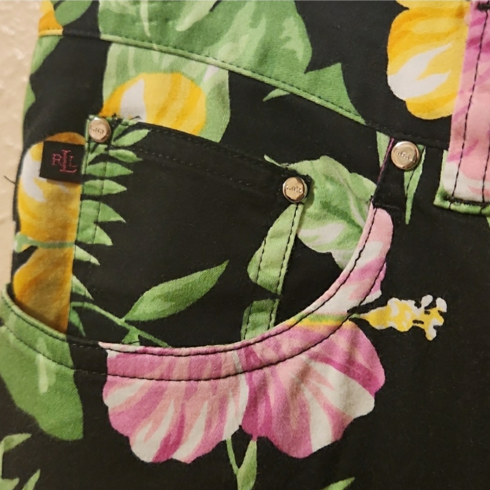 EUC Ralph Lauren Floral Cropped Pants - Black, Yellow, Pink, Green, Size 14 - Picture 3 of 6